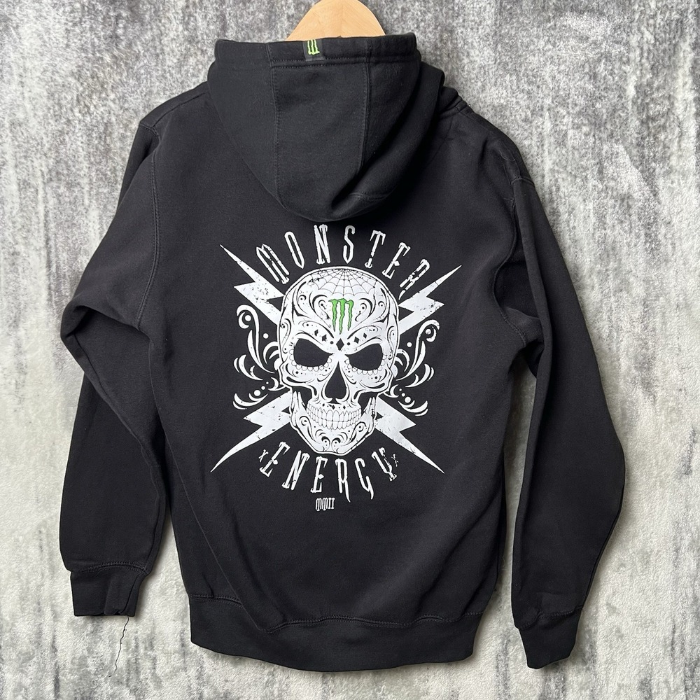 Vtg Y2K Monster Energy Hoodie Full Zip Black Sweatshirt Skull Grunge Mens Small